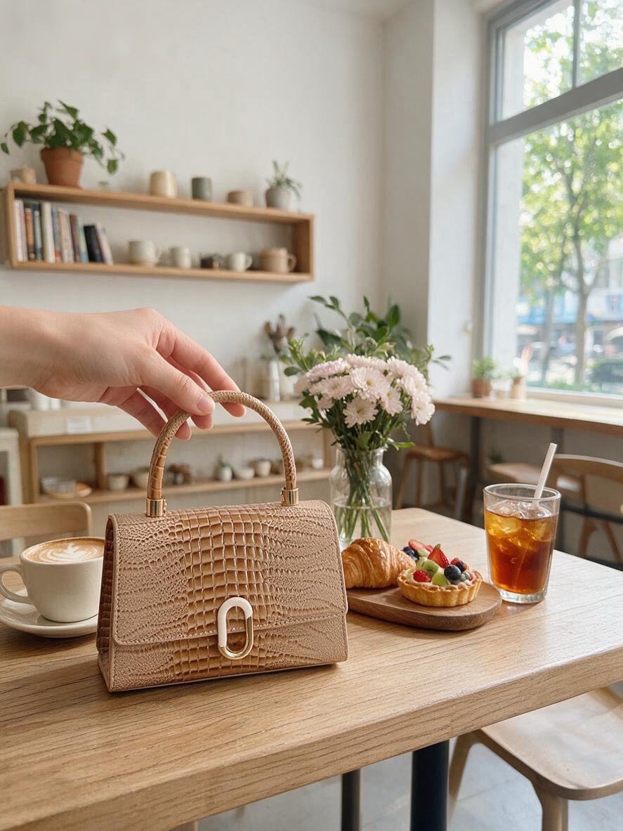 Latte Textured Top Handle Bag